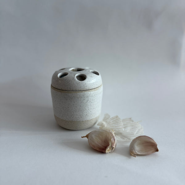 Speckled ceramic diffuser with garlic bulbs on a light background